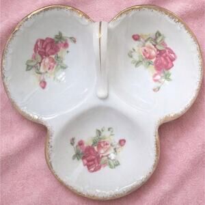 Vintage L&M Bondware Porcelain Dish Pink Roses Gold Trim 3-Sections Cottagecore